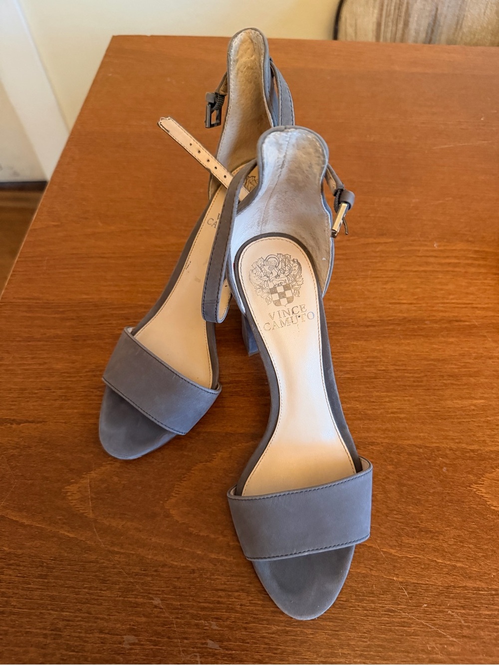 Vince Camuto Gray Suede Block-Heel Ankle-Strap Sandals
